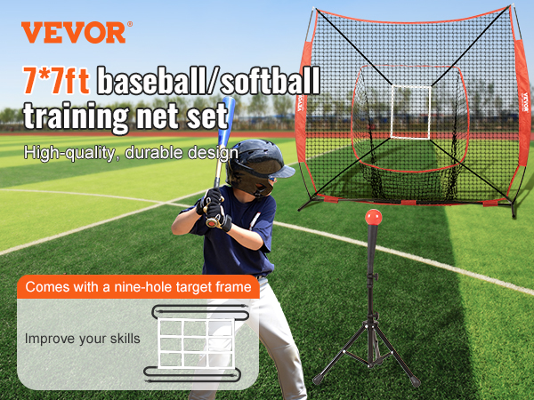 VEVOR baseball practice net with nine-hole target frame, durable 7x7ft for baseball and softball training.