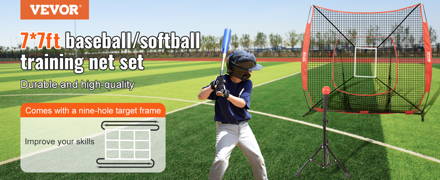 VEVOR baseball practice net with nine-hole target frame, durable 7x7ft for baseball and softball training.