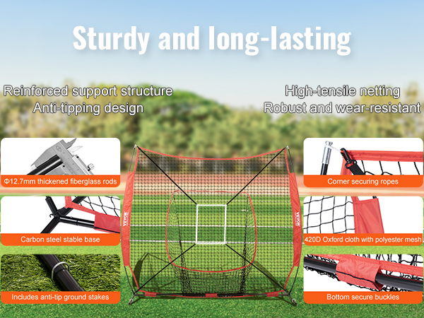 VEVOR baseball practice net with fiberglass rods, steel base, corner ropes, and durable polyester mesh.