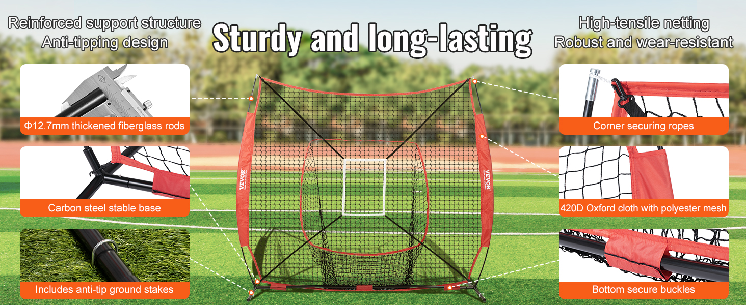 VEVOR baseball practice net with fiberglass rods, steel base, corner ropes, and durable polyester mesh.