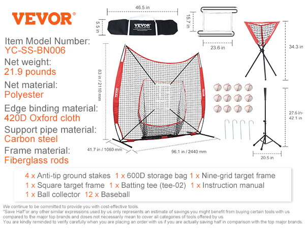 VEVOR baseball practice net, model yc-ss-bn006 with polyester net, carbon steel supports, fiberglass frame.