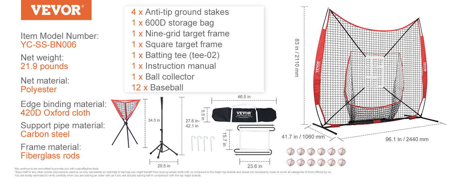 VEVOR baseball practice net, model yc-ss-bn006 with polyester net, carbon steel supports, fiberglass frame.