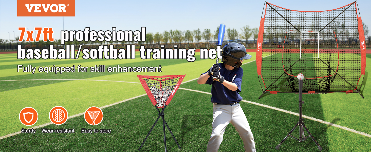 7x7ft VEVOR baseball practice net for training, featuring sturdy, wear-resistant design, easy to store.
