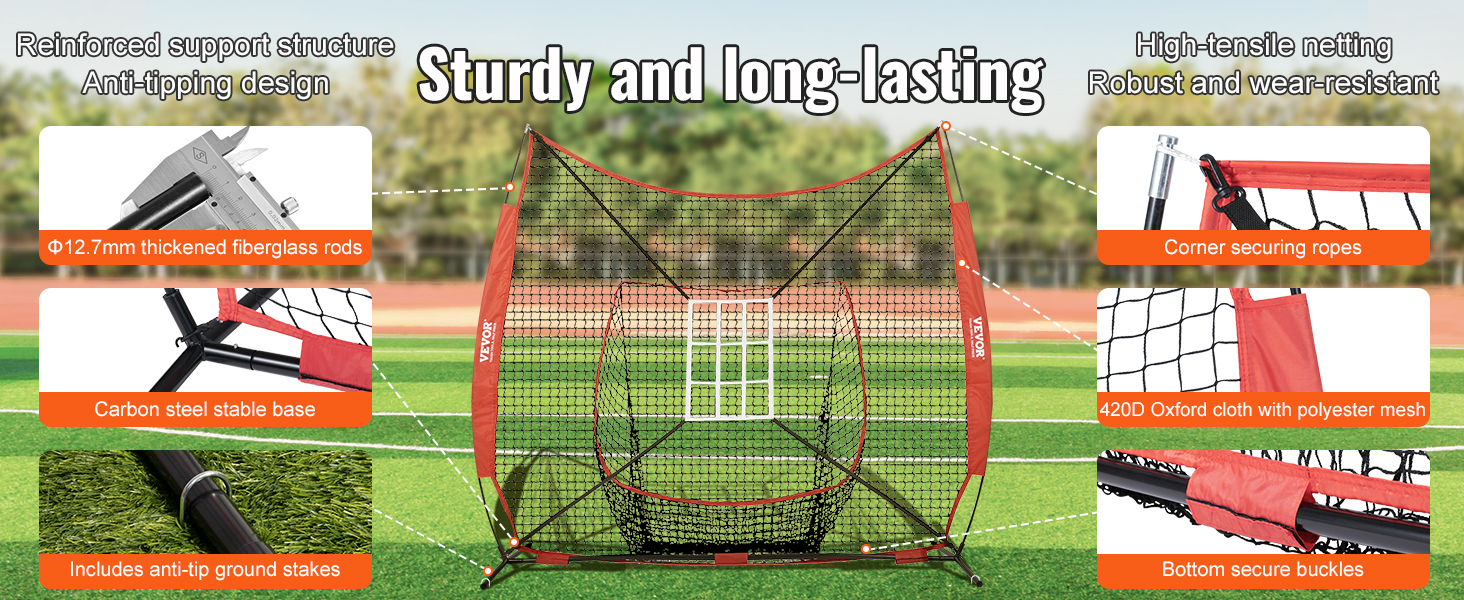 sturdy VEVOR baseball practice net with fiberglass rods, anti-tip ground stakes, and durable oxford cloth.