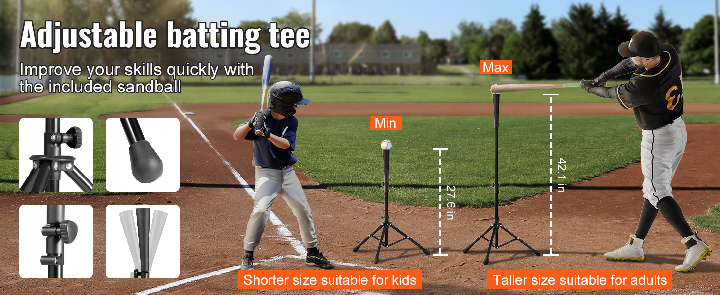 adjustable batting tee with different heights for kids and adults on a baseball field.