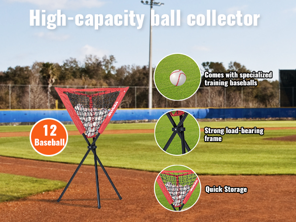 high-capacity ball collector on baseball field, features include strong load-bearing frame, quick storage.