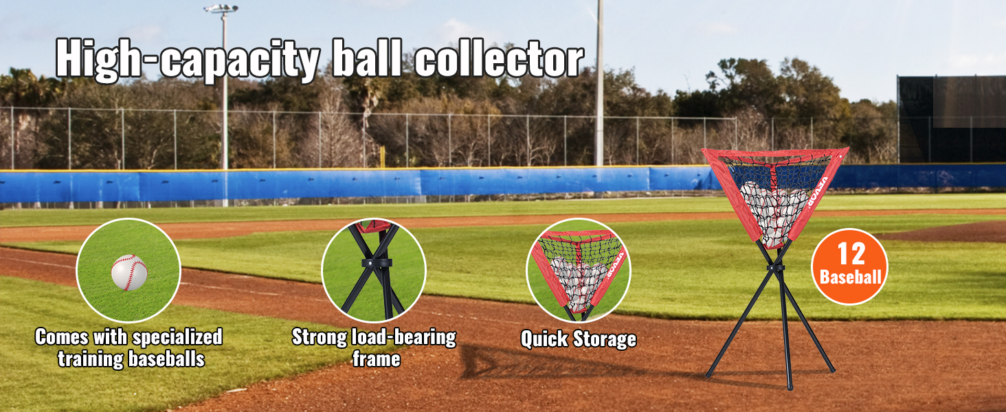 high-capacity ball collector on baseball field, features include strong load-bearing frame, quick storage.