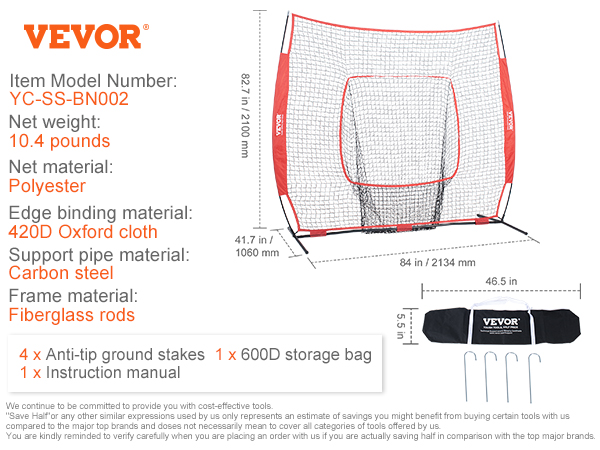 VEVOR baseball practice net with polyester mesh, carbon steel support, fiberglass frame, and storage bag.