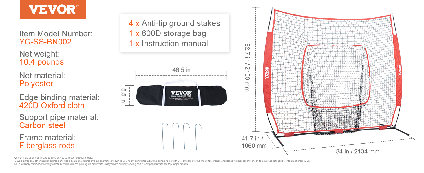 VEVOR baseball practice net with polyester mesh, carbon steel support, fiberglass frame, and storage bag.