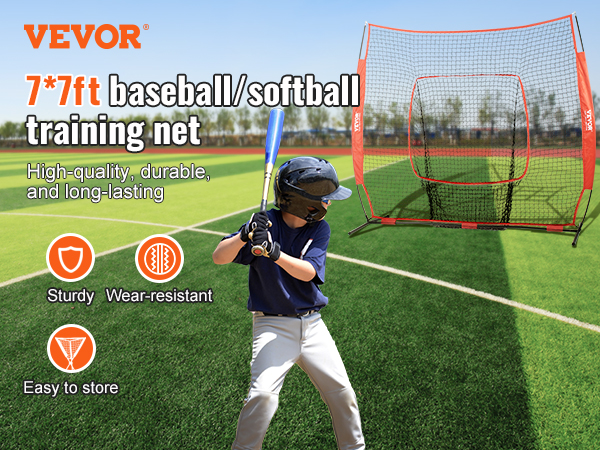 VEVOR baseball practice net with batter on field, promoting durability, sturdiness, and easy storage.