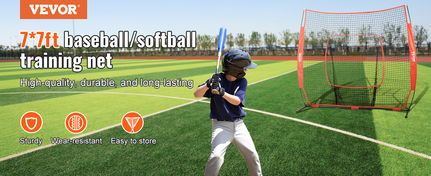 VEVOR baseball practice net with batter on field, promoting durability, sturdiness, and easy storage.
