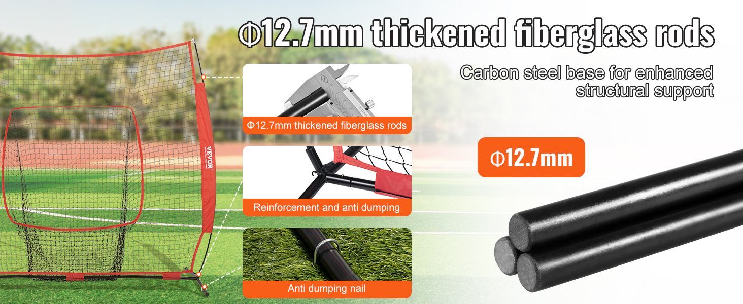 VEVOR baseball practice net with thickened fiberglass rods for enhanced structural support on the field.