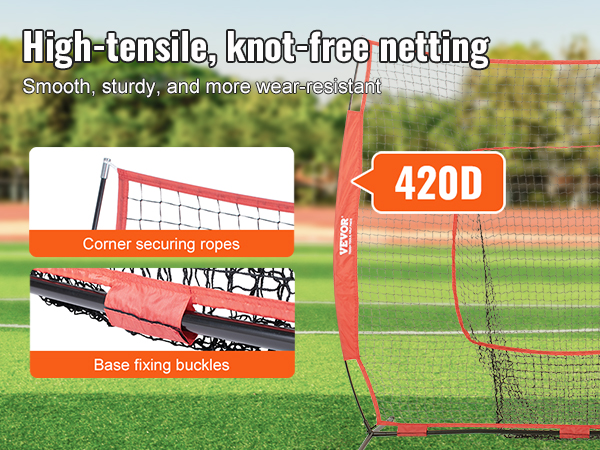 VEVOR baseball practice net featuring high-tensile 420d netting, corner securing ropes, and base fixing buckles.