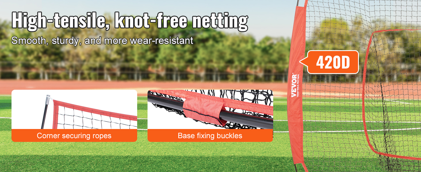 VEVOR baseball practice net featuring high-tensile 420d netting, corner securing ropes, and base fixing buckles.