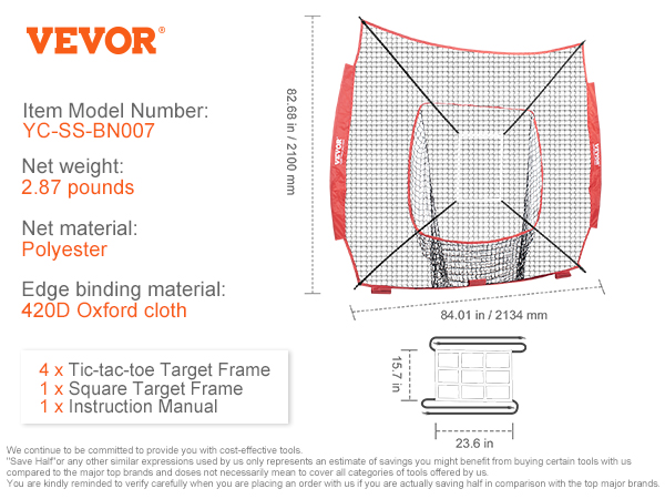 VEVOR baseball training net details with dimensions, materials, and included target frames