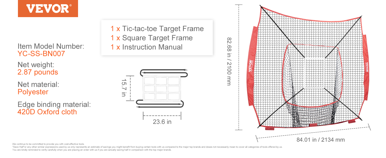 VEVOR baseball training net details with dimensions, materials, and included target frames