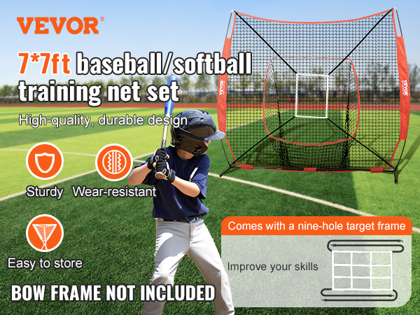 VEVOR baseball training net: 7x7ft, sturdy, wear-resistant, easy to store, with nine-hole target frame.