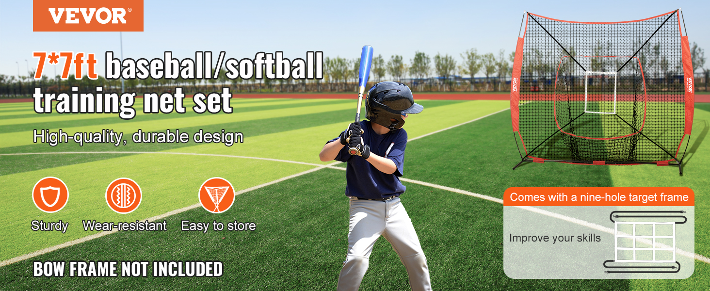 VEVOR baseball training net: 7x7ft, sturdy, wear-resistant, easy to store, with nine-hole target frame.