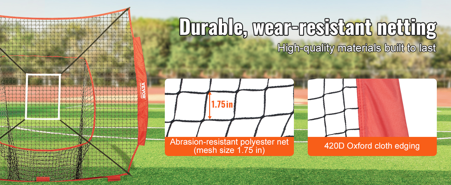 VEVOR baseball training net with abrasion-resistant polyester net and 420d oxford cloth edging.