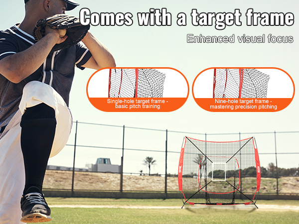 baseball player pitching with a VEVOR target frame for enhanced visual focus and training.