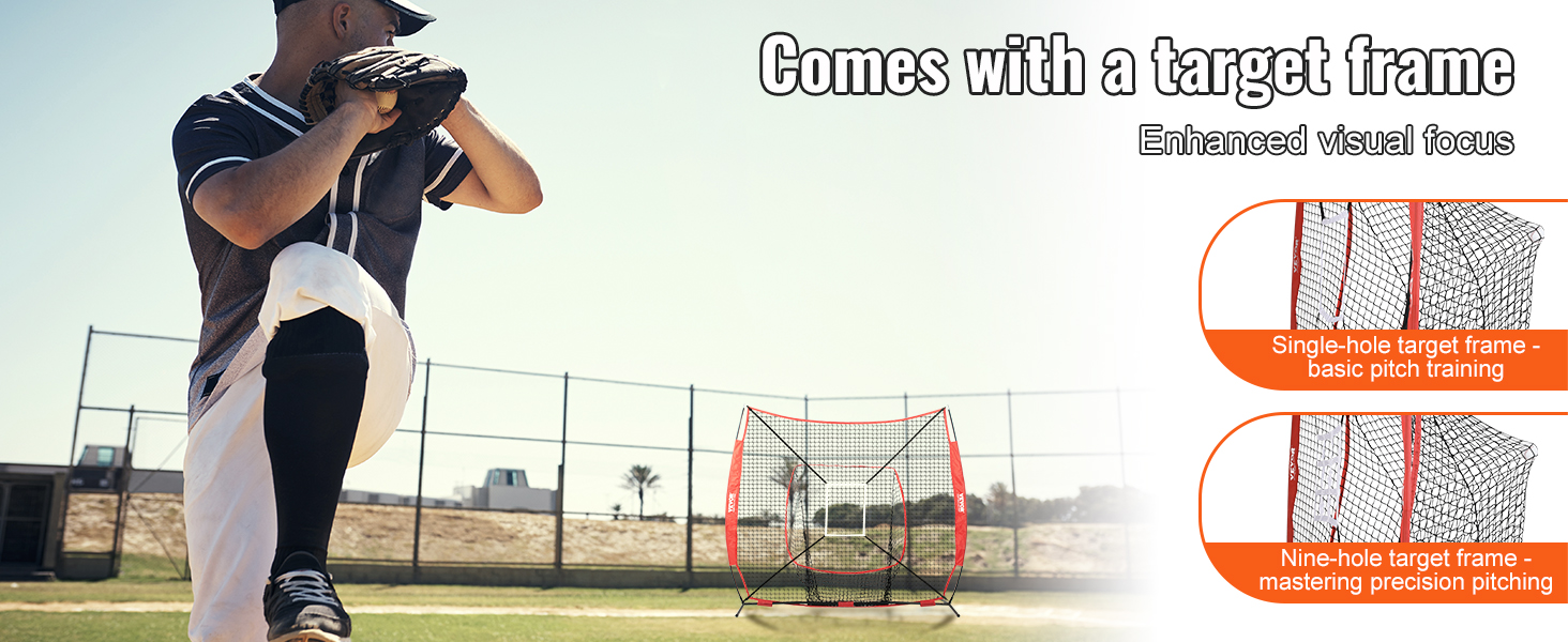 baseball player pitching with a VEVOR target frame for enhanced visual focus and training.
