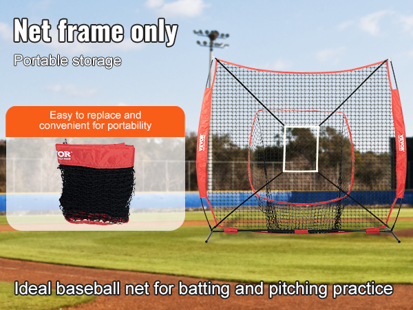 VEVOR baseball training net on a field with portable storage bag and easy replacement feature.