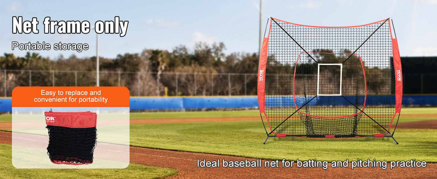 VEVOR baseball training net on a field with portable storage bag and easy replacement feature.