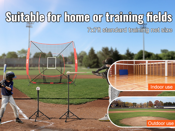VEVOR baseball training net in use on a field, suitable for home or training fields, 7x7ft size.