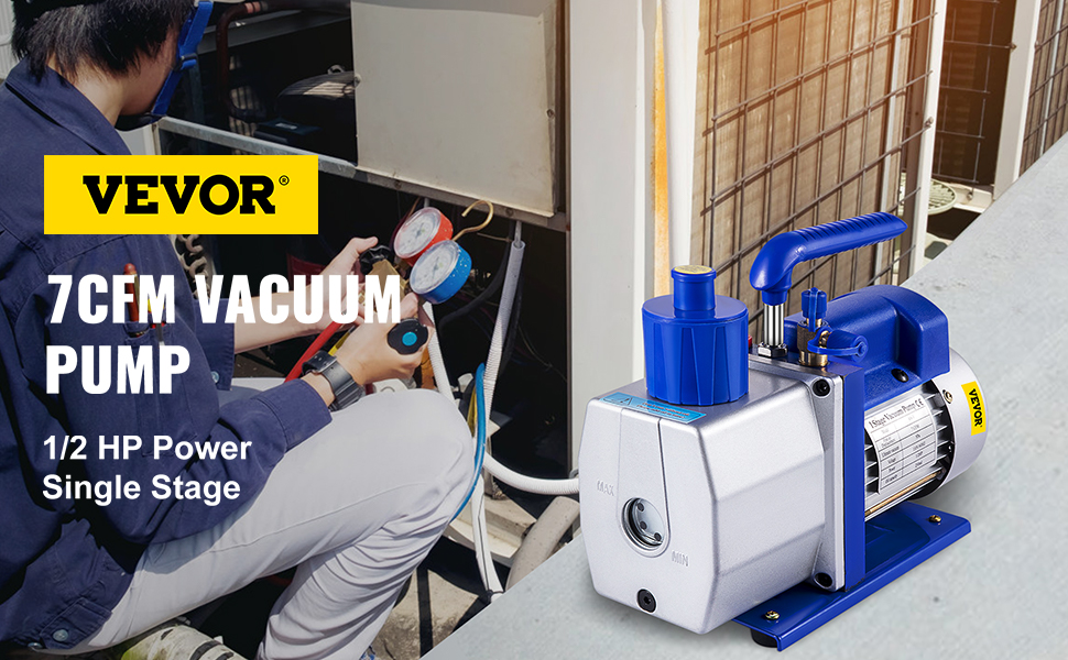 VEVOR vacuum pump 7cfm 1/2 hp power single stage being used by a technician.