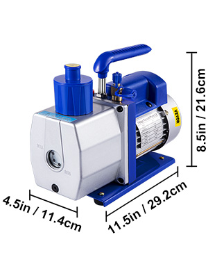 VEVOR vacuum pump with dimensions: 11.5in x 4.5in x 8.5in, blue and silver.