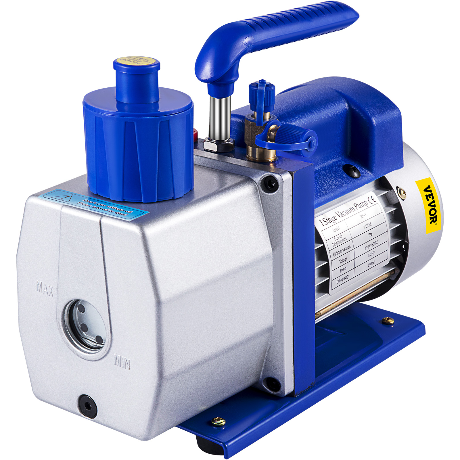 VEVOR vacuum pump with blue handle and silver body featuring a visible oil window.
