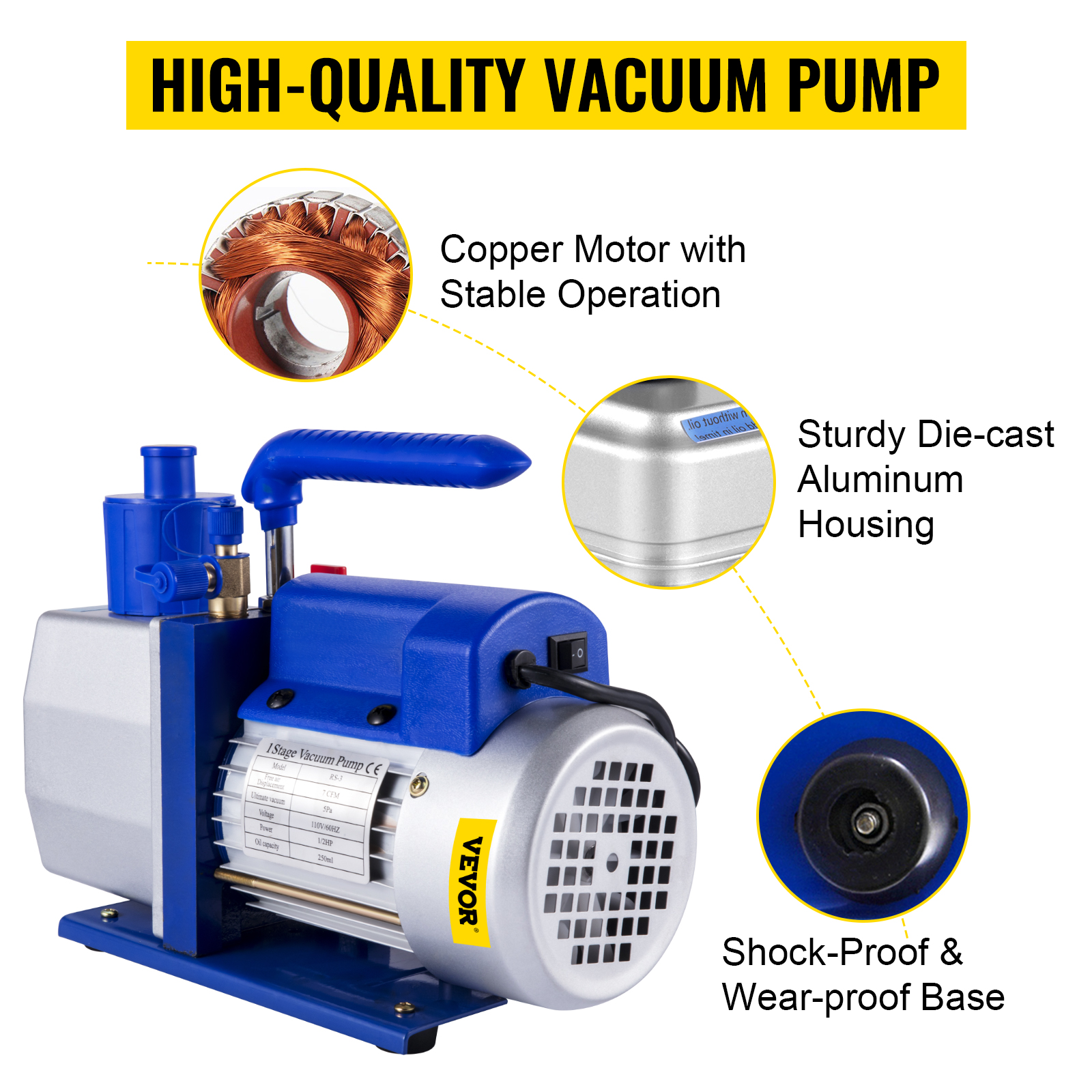 VEVOR vacuum pump with copper motor, die-cast aluminum housing, and shock-proof base.