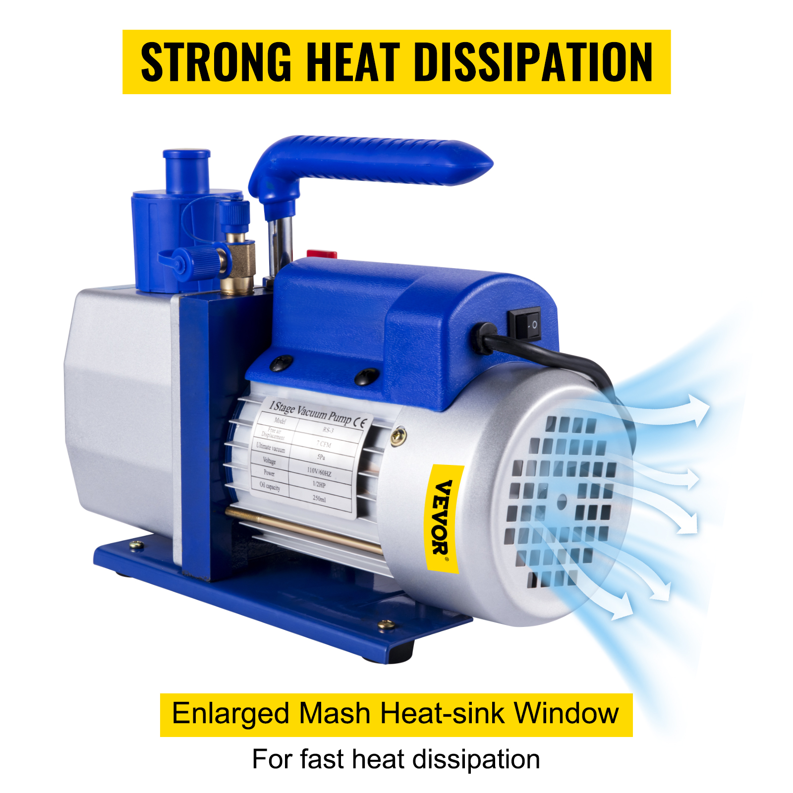VEVOR vacuum pump with enlarged heat-sink window for strong heat dissipation.
