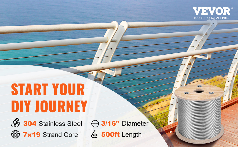 VEVOR stainless steel aircraft cable spool near oceanfront railing.