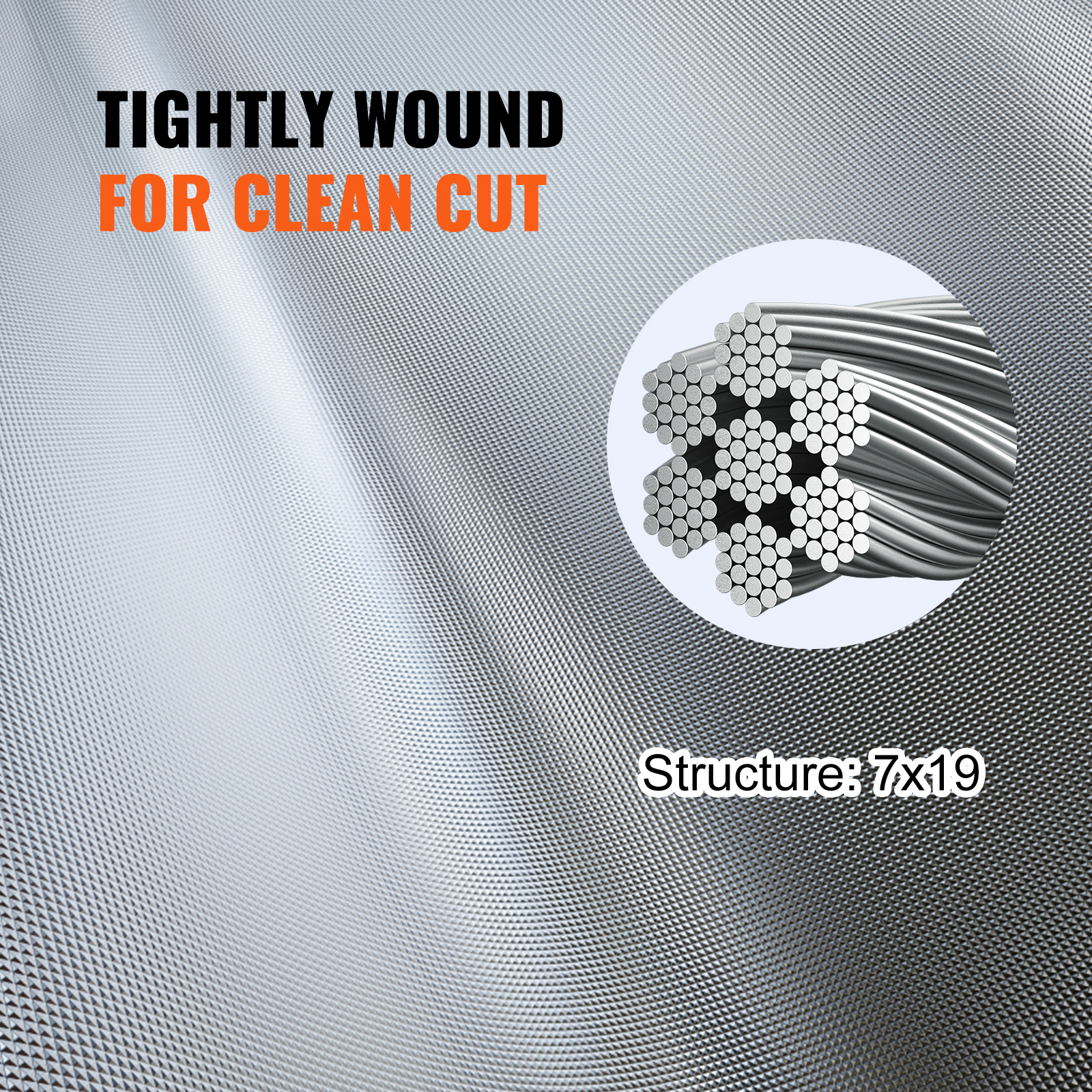 VEVOR stainless steel aircraft cable, 7x19 structure, tightly wound for clean cut.