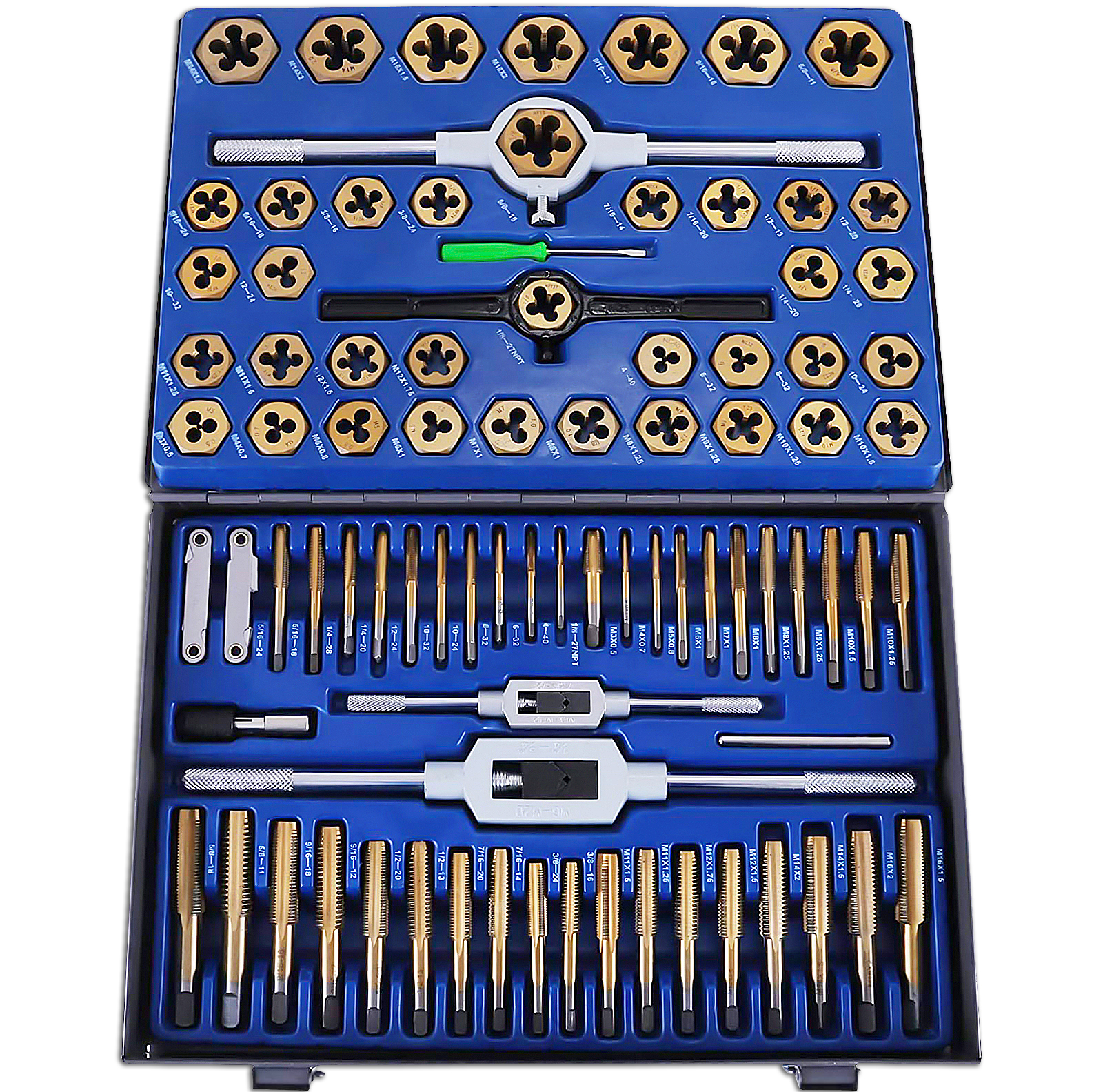 VEVOR tap and die set organized in a blue case with various tools and components.