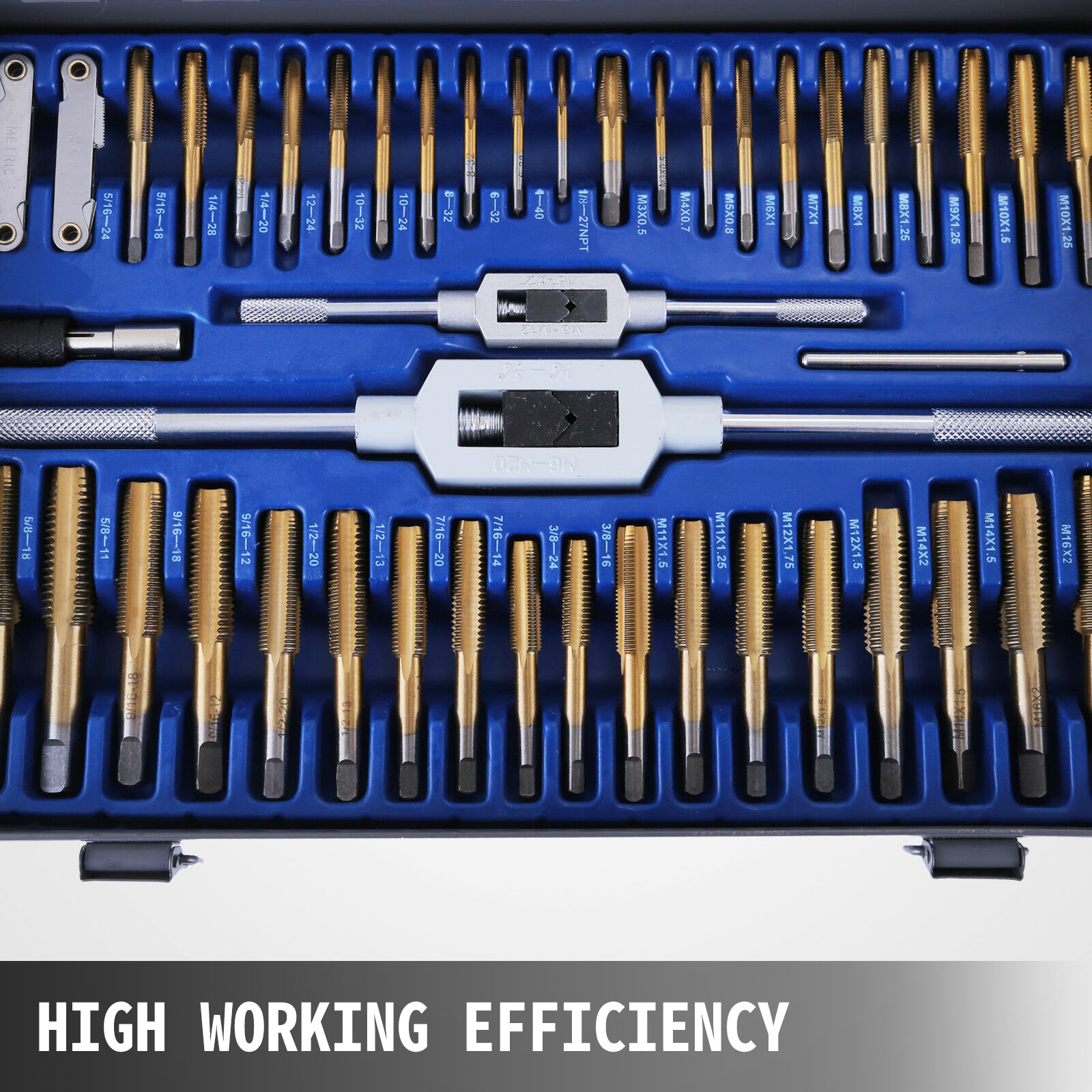 VEVOR tap and die set organized in a blue case with various tool sizes.