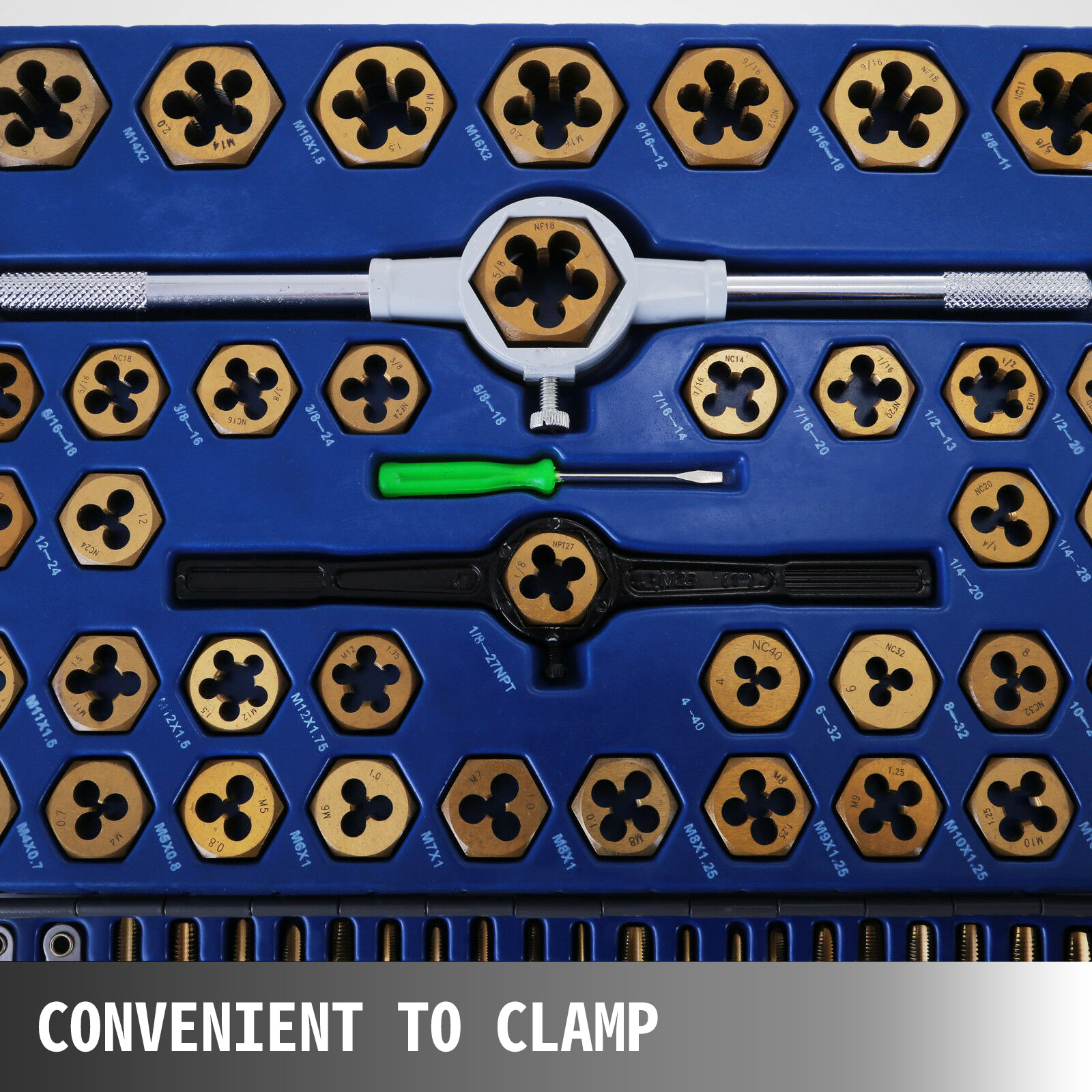 VEVOR tap and die set in blue case with various sizes and green-handled tool.