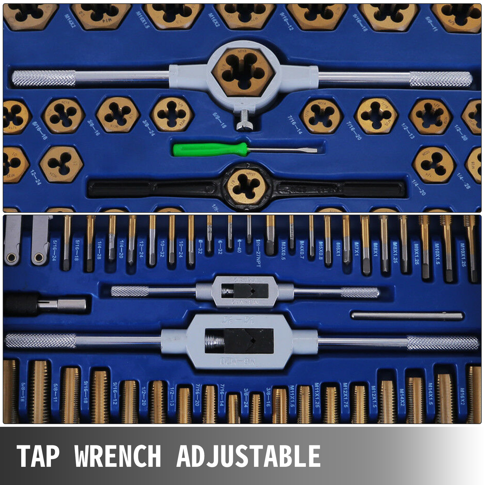VEVOR tap and die set in a blue case with wrenches and various dies.