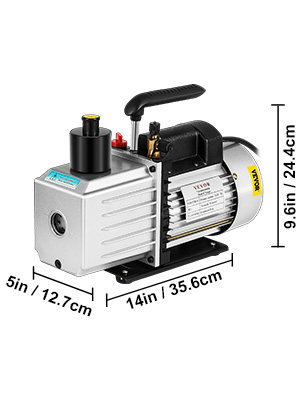 VEVOR vacuum pump dimensions: 14in x 5in x 9.6in, compact and efficient.