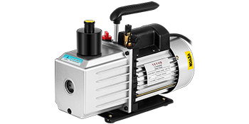 silver VEVOR vacuum pump with black handle and yellow details.