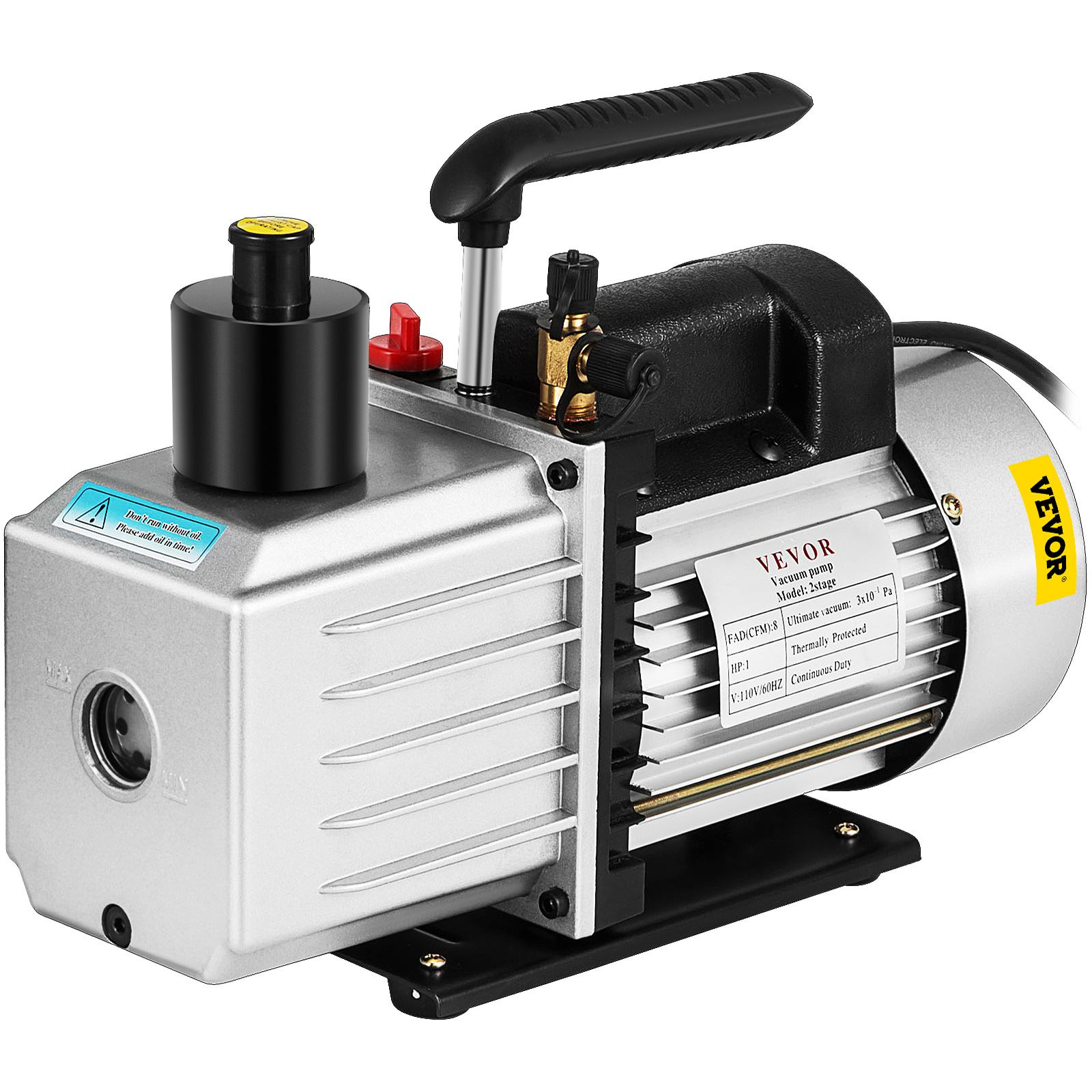 VEVOR vacuum pump with black handle and silver body, labeled "thermally protected".