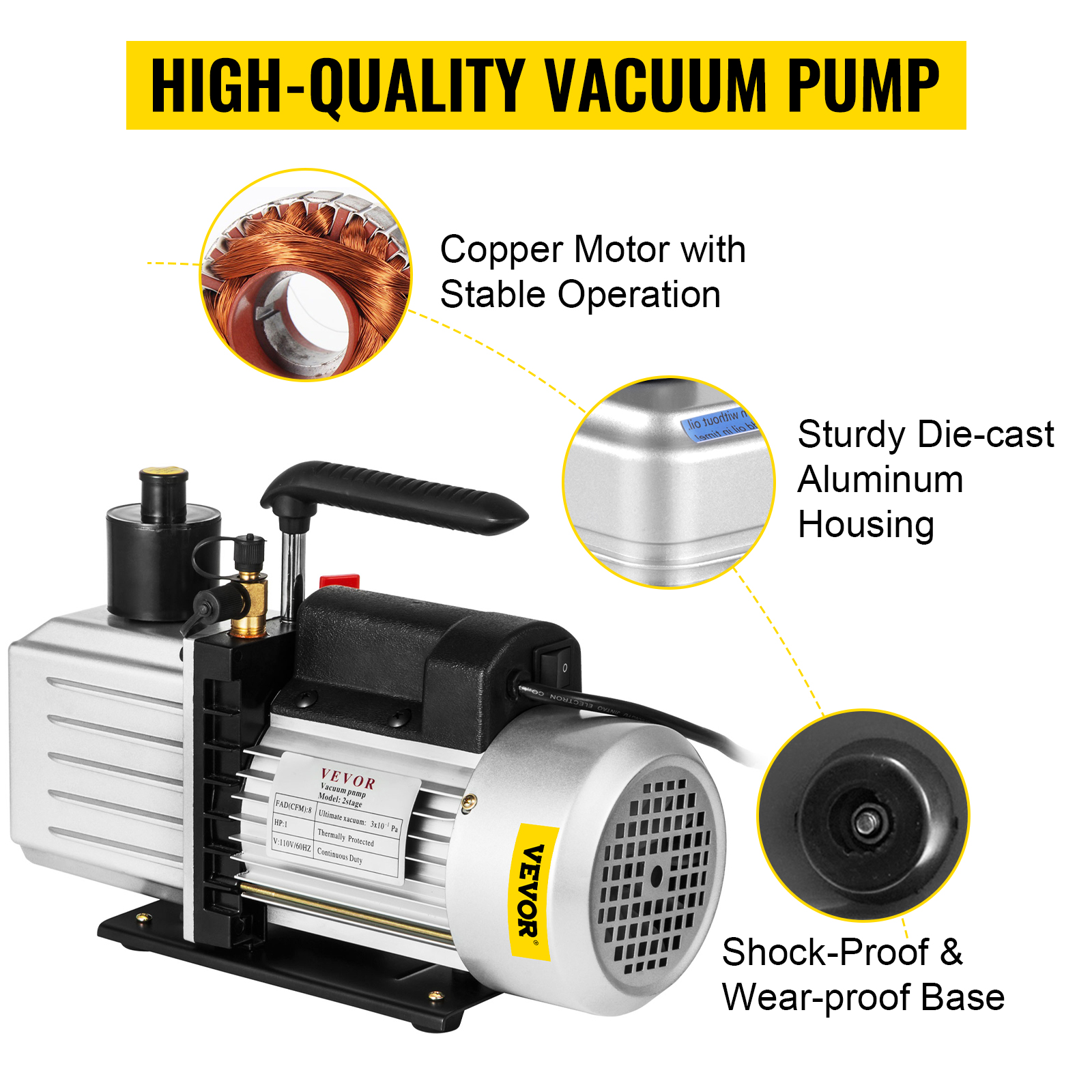 VEVOR vacuum pump with copper motor, die-cast aluminum housing, and shock-proof base.