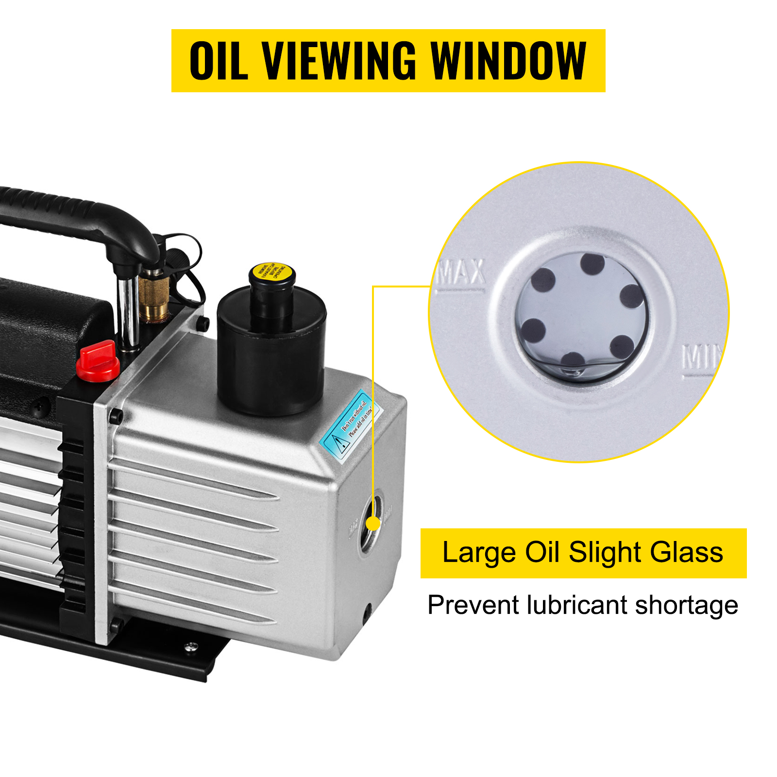 VEVOR vacuum pump with oil viewing window and large oil sight glass.