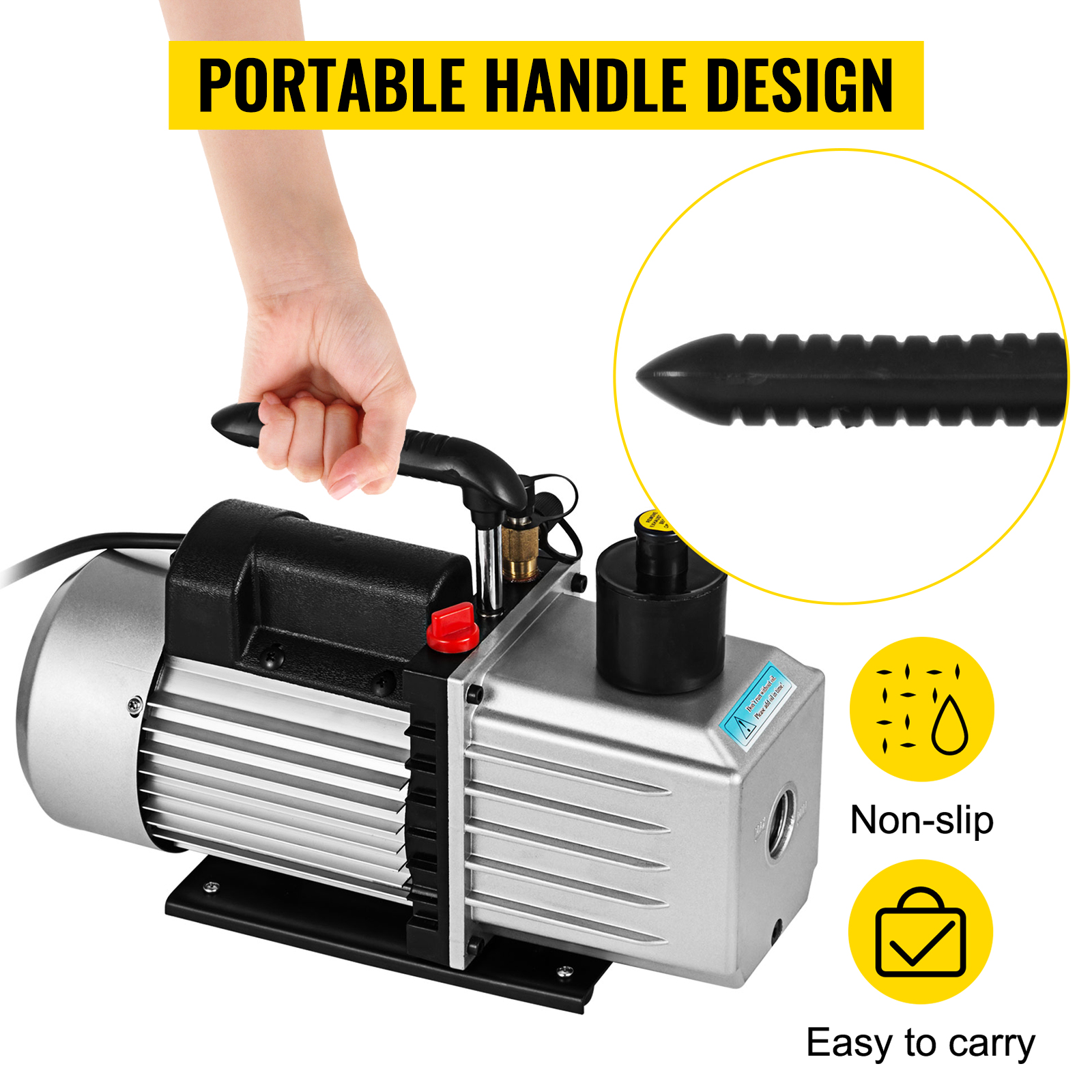 portable handle on the VEVOR vacuum pump, non-slip and easy to carry.