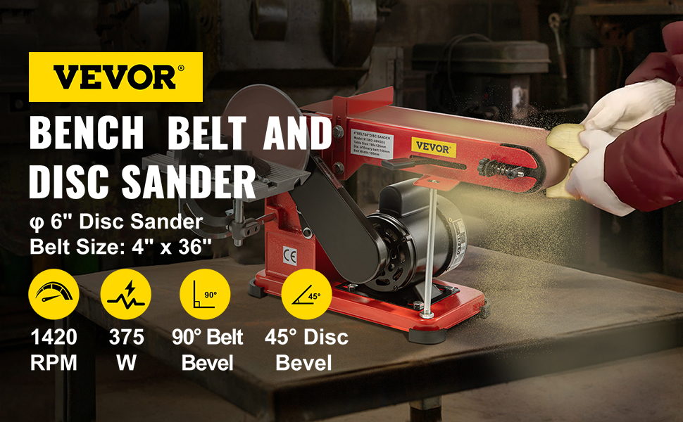 VEVOR belt sander, 6" disc sander, 4"x36" belt, 1420 rpm, 375w, 45° bevel.
