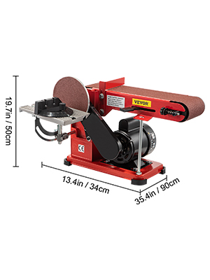 red VEVOR belt sander with dimensions 19.7in x 13.4in x 35.4in.