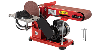 red VEVOR belt sander with disc sander and adjustable worktable, wrench included.