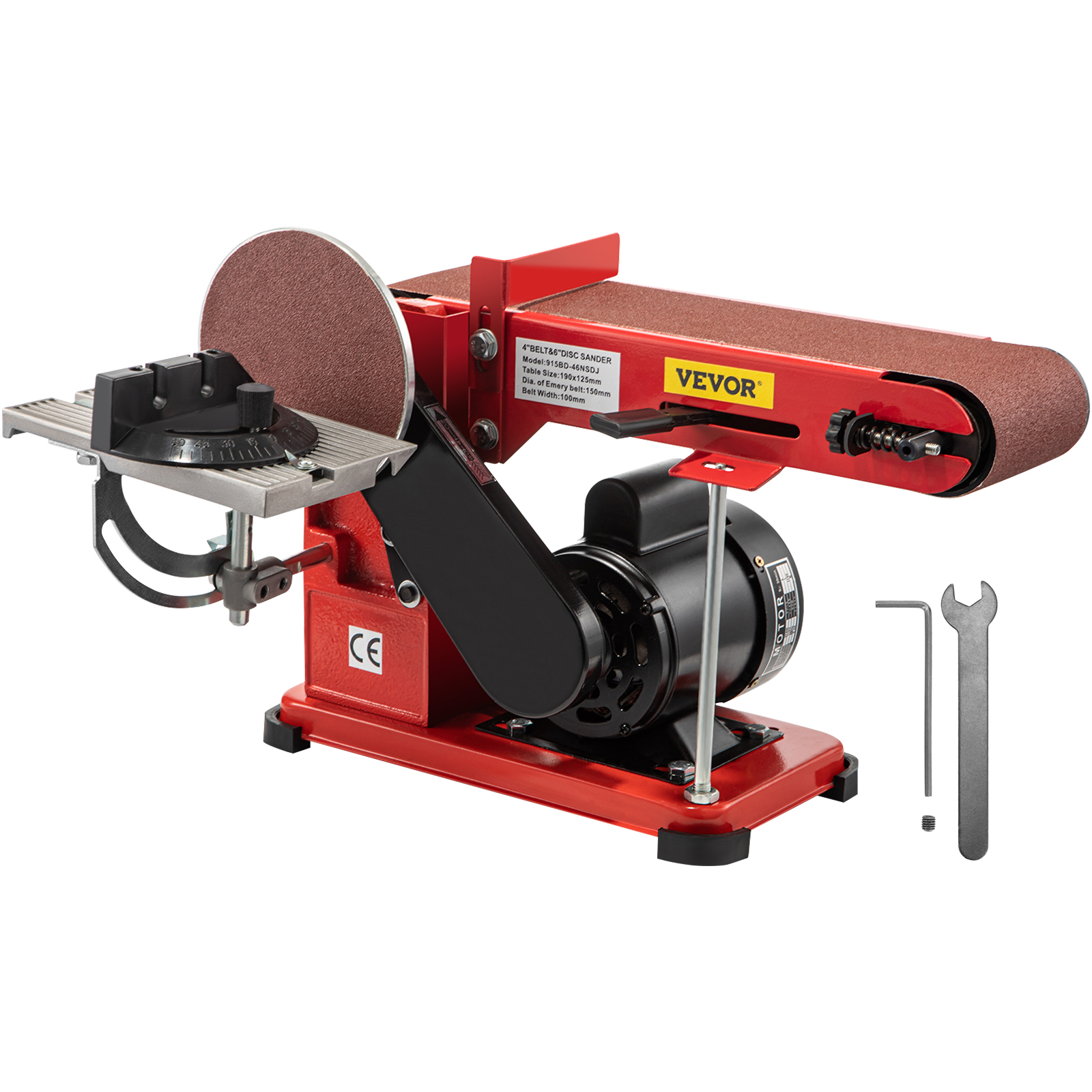 VEVOR belt sander with disc attachment, red base, and included wrench and hex key.