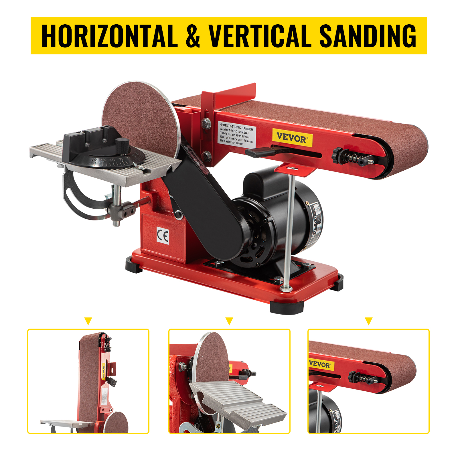 VEVOR belt sander for horizontal and vertical sanding with adjustable angles.